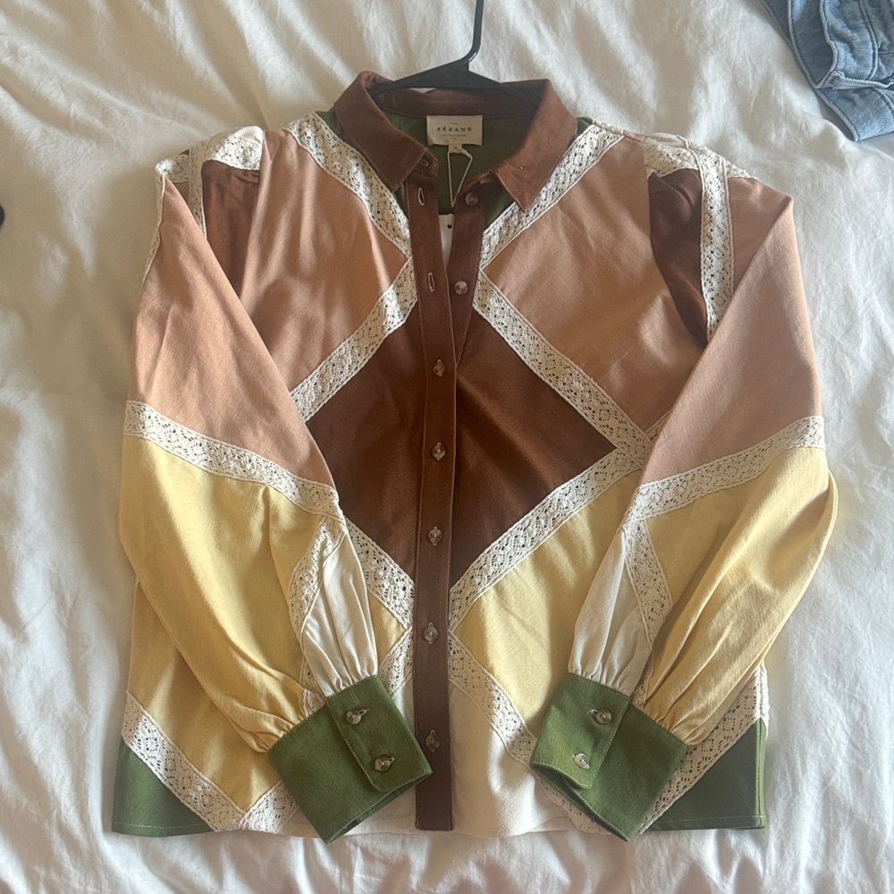 Sezane Multicolor Patchwork Lace-Trim Button-Down… - image 1